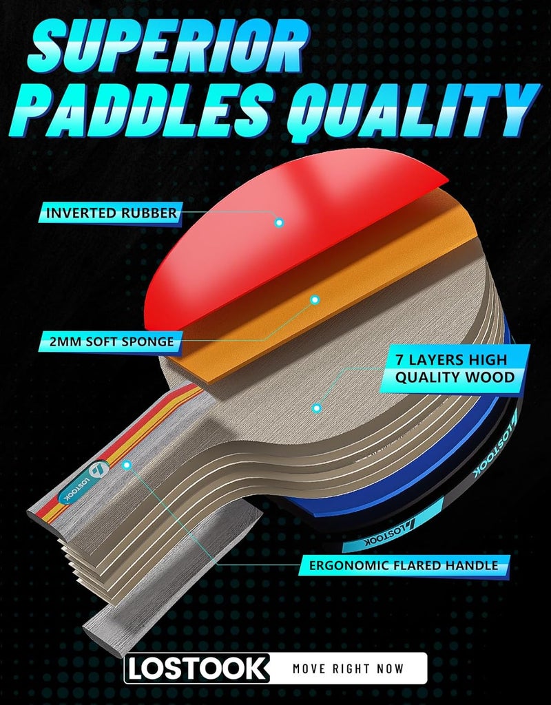 Lostook Professional Ping Pong Paddles Set of 2/4 with Table Tennis Rackets and 3 Star Balls, Portable Ping Pong Table Net with Clamps for Any Table, Home/Outdoor Games - Image 2